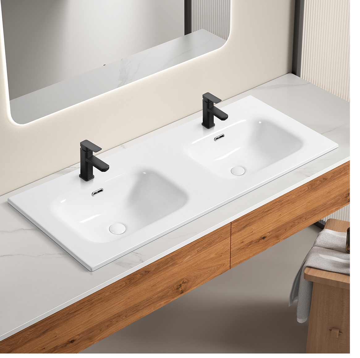 Ceramic vanity top in a residential bathroom setting