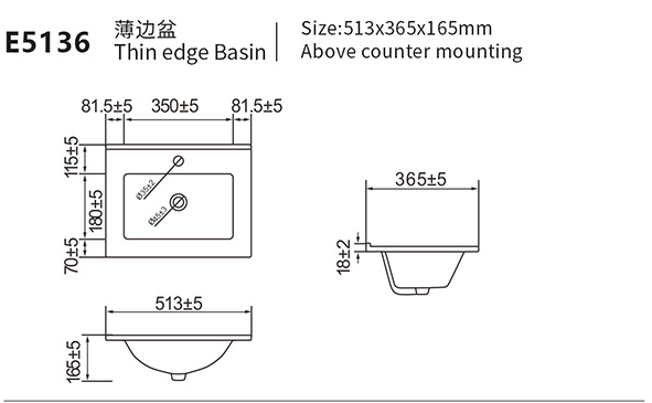 E5136 dimensional drawing for a 365 mm deep ceramic vanity top