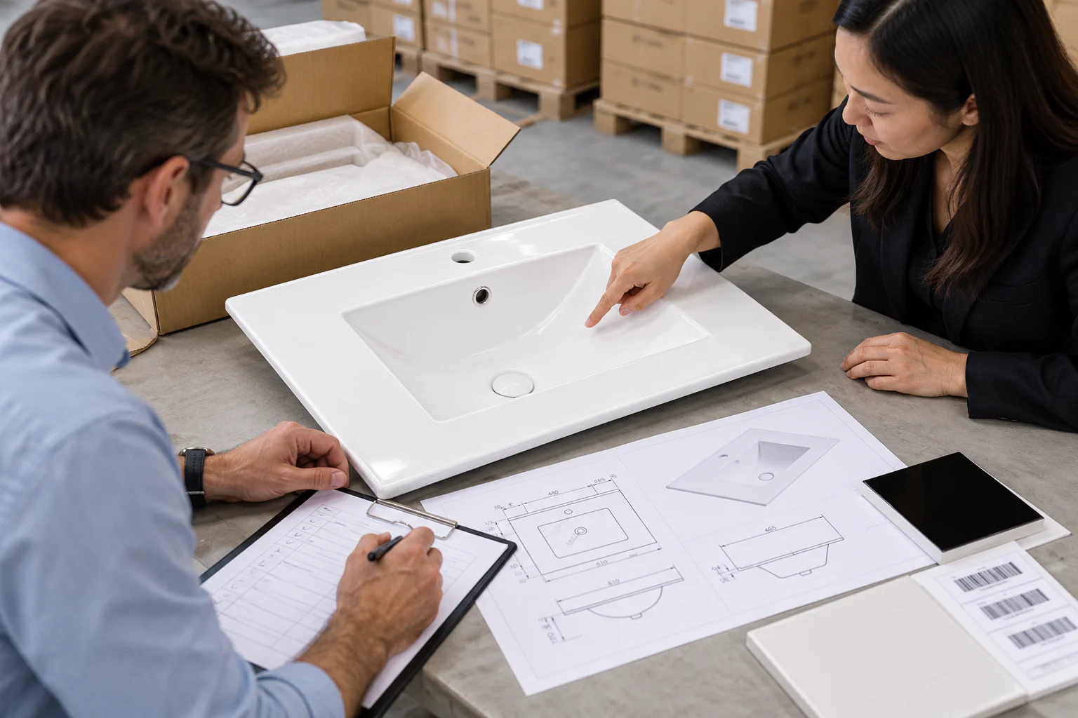 Buyer and supplier reviewing a ceramic sink sample, final drawing, glaze tile and packaging details