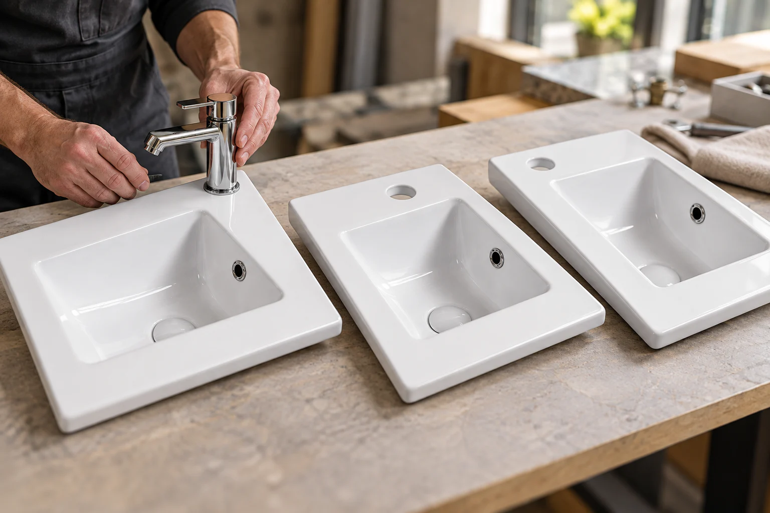 Technician checking faucet fit across three compact ceramic tops with different tap hole positions