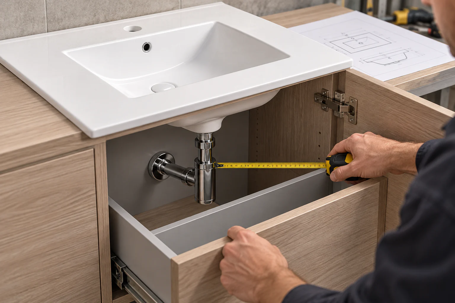 Cabinet technician measuring clearance between a basin waste trap and an open vanity drawer